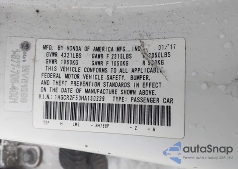 2017 Honda Accord Sport z USA, uszkodzony, nr VIN 1HGCR2F50HA150229